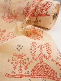 Льняная сетка "Макошь под набойку" цв.персик/красный, ш.1.15м, лен-100%, 100гр/м.кв