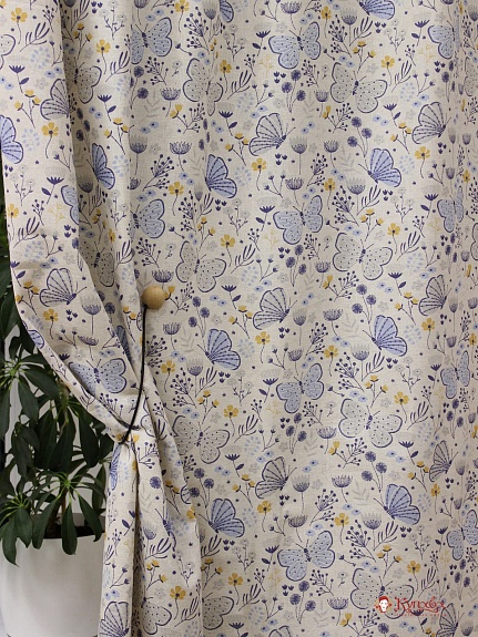 Полулен "Голубые бабочки на суровом", ш.1.5м, лен-30%, хлопок-70%, 140гр/м.кв