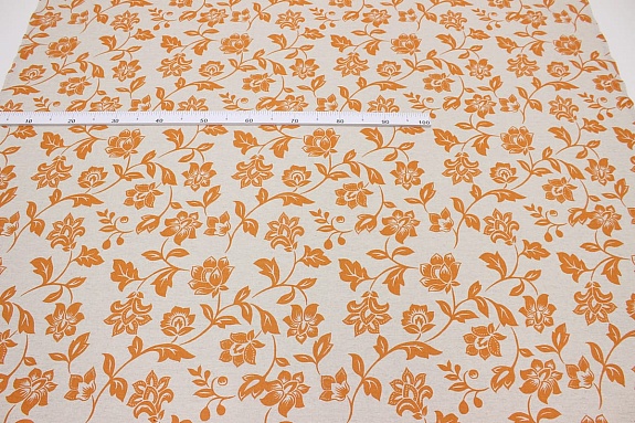 Полулен "Оранжевые цветы" (на суровом), ш.1.5м, лен-30%, хлопок-70%, 147гр/м.кв