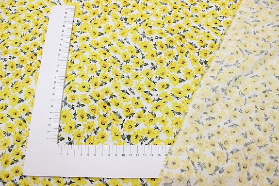 Штапель Премиум "Веселина (желтые цветы на молочном)", ш.1.43м, вискоза-100%, 120гр/м.кв