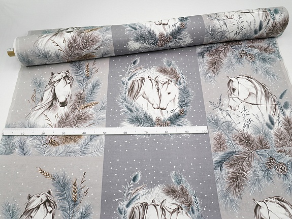 Рогожка "Зимние лошадки", ш.1.5м, хлопок-100%, 165гр/м.кв, раппорт 64см