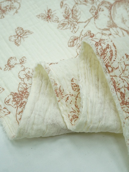 Муслин двухслойный с эф.жатости "Садовая трель" цв.кремовый/коричневый, ш.1.4м, хл-100%, 115гр/м.кв