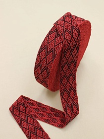 Лента тканая для поясов, 50мм Черный орнамент на красном, рис.9541