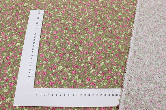 Теплый хлопок "Розовый сад на светло-зеленом хаки", ВИД2, ш.1.45м, хлопок-100%, 150гр/м.кв