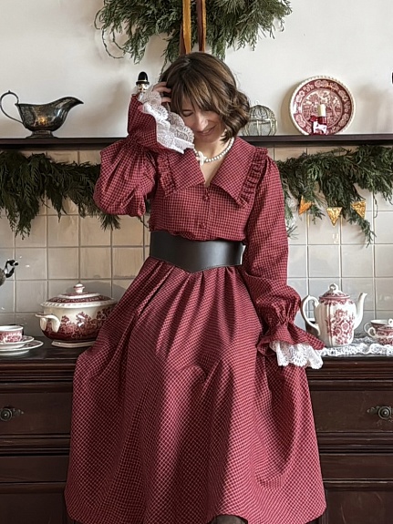 Платье из  Пестряди "Средняя клетка на бордовом"