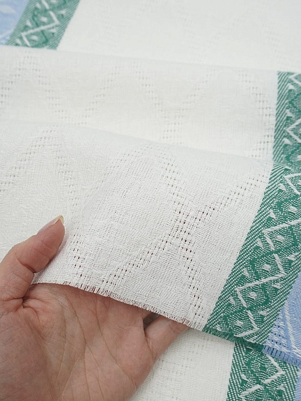 Холст полотенечный жаккард "Ромбы на белом с каймой" цв.голубой/изумрудный, ш.0.5м, лен-30%, хл-70%