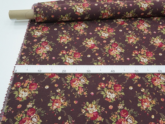 Хлопколен "Чайная роза на т.каштаново-коричневом", ш.1.46м, лен-20%, хлопок-80%, 140гр/м.кв