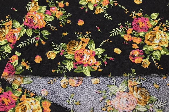 Хлопколен "Чайная роза на черном" (оранжевые цветы), ш.1.5м, лен-20%, хлопок-80%, 135гр/м.кв