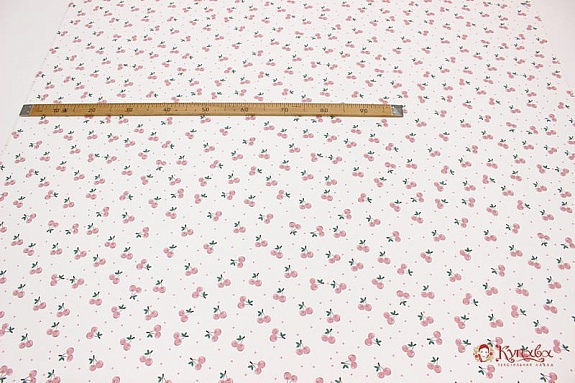Плательный хлопок "Вишенки с горошком на белом" цв.пыльно-розовый, ш.1.45м, хлопок-100%, 115гр/м.кв