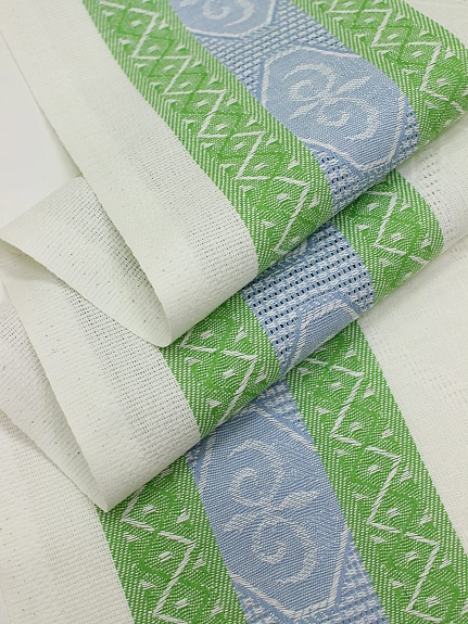 Холст полотенечный жаккард "Ромбы на белом с каймой" цв.голубой/салатовый, ш.0.5м, лен-30%, хл-70%