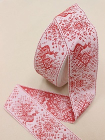 Жак.лента 69мм Алая Жар-птица на бело-розовом