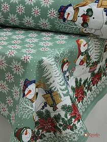 Рогожка "Снеговики со снежинками" цв.серо-мятная дымка, ш.1.5м, хлопок-100%, 160гр/м.кв