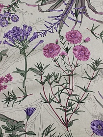 Полулен "Летнее раздолье-розовые цветы" (на суровом), ш.2.2м, лен-30%, хлопок-70%, 150гр/м.кв