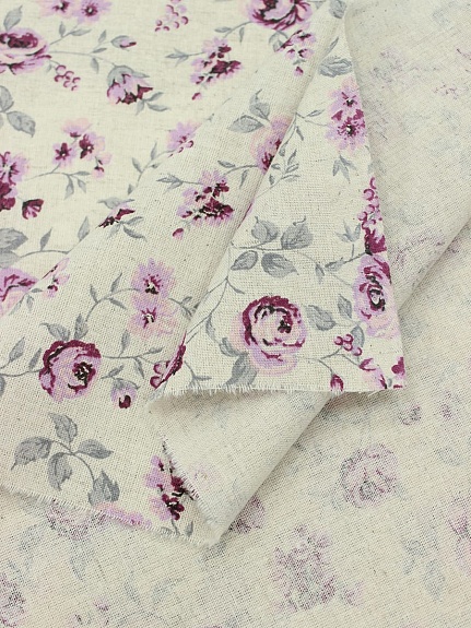 Полулен "Миленькие розово-сиреневые розочки" (на суровом), ш.2.2м, лен-30%, хлопок-70%