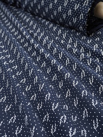 Теплый хлопок "Набойка-веточки с горошком" цв.чернильно-синий, ш.1.5м, хлопок-100%, 160гр/м.кв