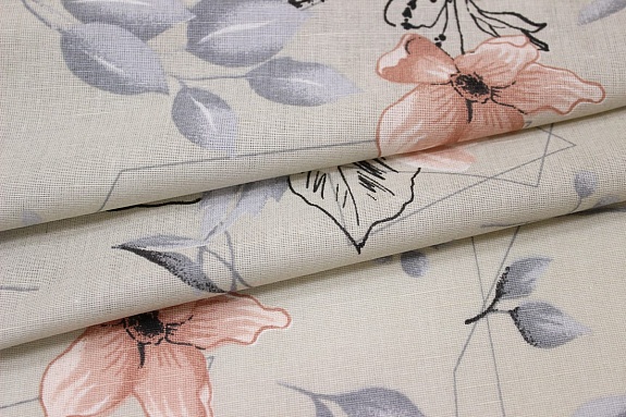 Полулен "Веточки магнолии" цв.св.телесно-серый, ш.2.2м, лен-30%, хлопок-70%, 140гр/м.кв