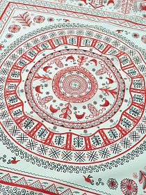 Мерный лоскут Ситец "Мезенская роспись - курочки" (Гол.платок 0.95м*0.95м), СОРТ2, ш.0.95м, хл-100%, раппорт 100см