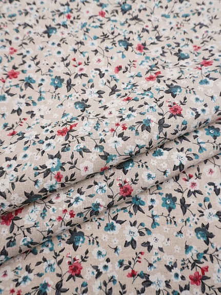 Полулен "Цветочный луг" цв.морская волна, ш.1.5м, лен-30%, хлопок-70%, 140гр/м.кв