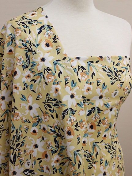 Штапель "Цветочное благоухание" цв.светлая горчица, ш.1.45м, вискоза-100%, 90гр/м.кв