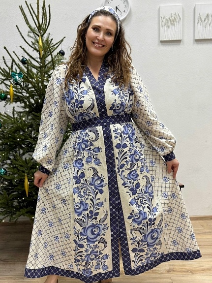 Платье из полульна "Кружевная гжель по кайме на суровом"