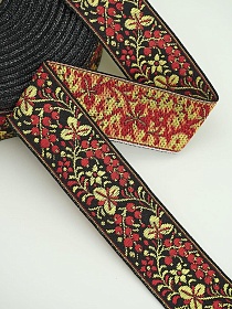 Жак.лента 30мм Красные ягоды (желтые листья) на черном