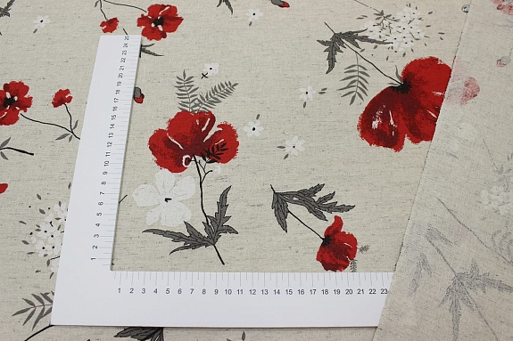 Полулен "Маки (цв.красный) Шелковый муар" (на суровом), ш.2.2м, лен-30%, хлопок-70%, 150гр/м.кв