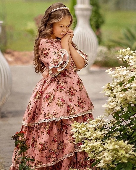 Шикарное детское платье с воланами из хлопкольна "Чайная роза"