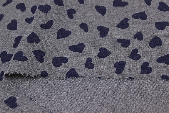 Теплый хлопок "Чернильно-синие сердечки на серо-графитовом меланже", ш.1.5м, хл-60%, пэ-40%