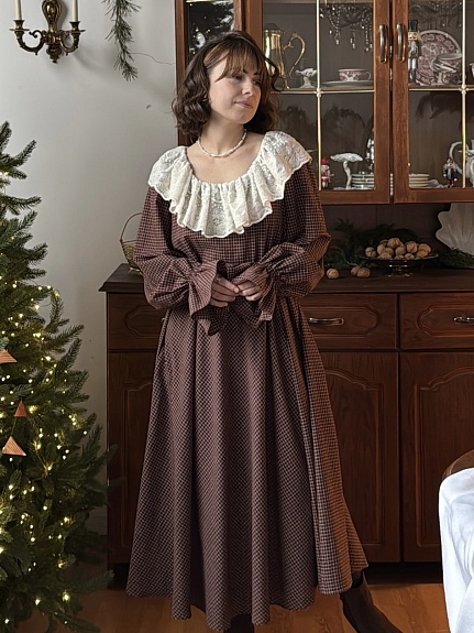 Платье из  Пестряди "Средняя клетка на коричнево-бордовом"