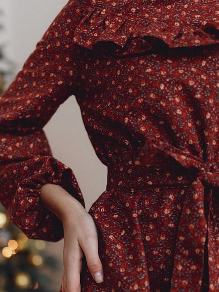 Платье из Теплого хлопка "Веточки-цветочки на бордово-красном"