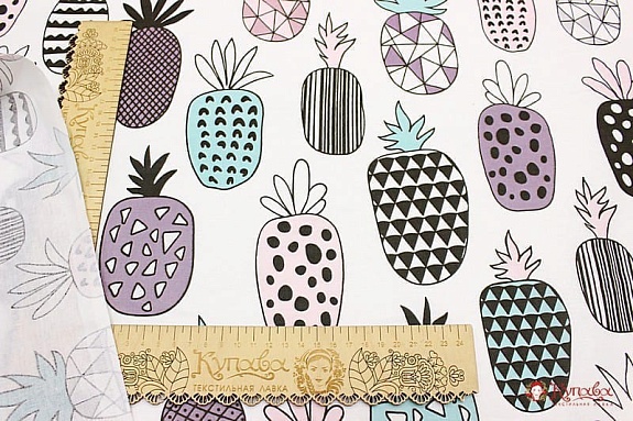 Поплин "Ананасы - пэчворк на белом", ш.2.2м, хлопок-100%, 115гр/м.кв