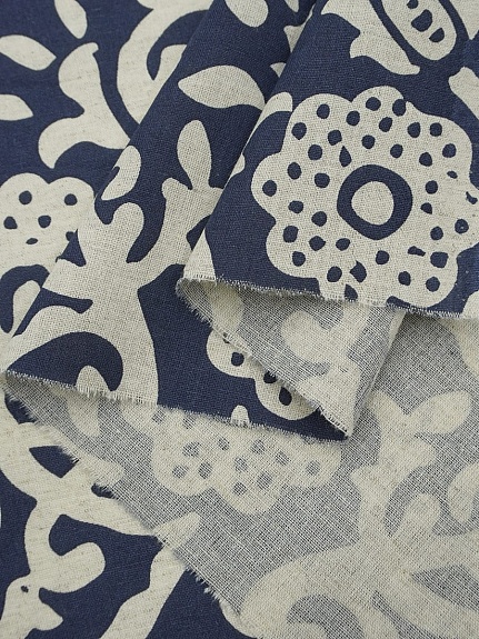 Полулен "Лунный цветок" цв.синий (на суровом), ш.1.5м, лен-30%, хлопок-70%, 147гр/м.кв