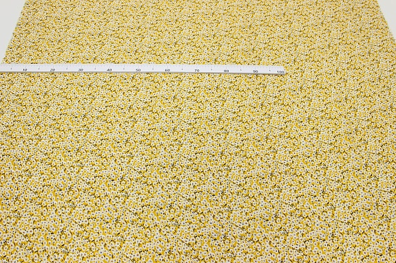 Штапель "Цветочная россыпь на желто-горчичном-2", ш.1.44м, вискоза-100%, 100гр/м.кв