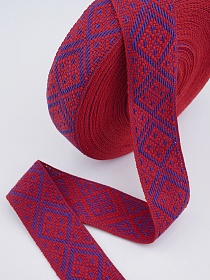 Лента тканая для поясов, 50мм Синие ромбы на красном