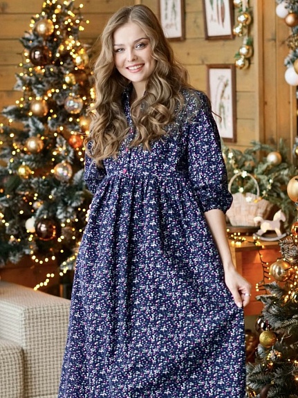 Платье из теплого хлопка "Земляничка на чернильно-синем"