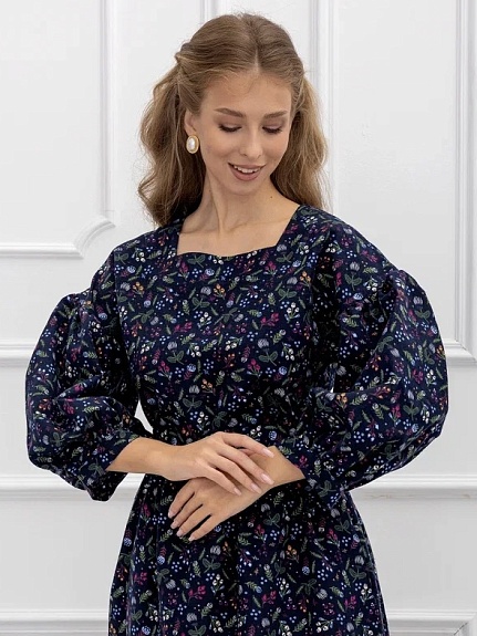 Платье из Теплого хлопка "Разнотравье на чернильном"