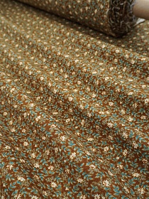 Теплый хлопок "Веточки-цветочки на оливково-коричневом", СОРТ2, ш.1.4м, хлопок-100%, 150гр/м.кв