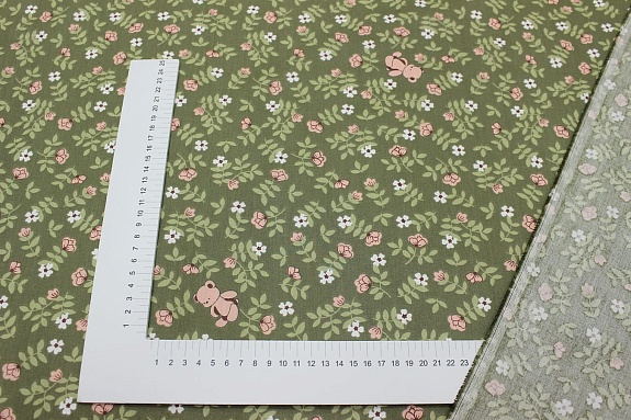 Сатин "Розовый мишка" цв.оливково-серый, ш.2.35м, хлопок-100%, 110гр/м.кв