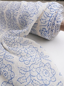 Льняная сетка "Цветочное переплетение под набойку" цв.кремовый/голубой, ш.1.15м, лен-100%