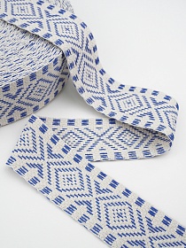 Лента тканая для поясов, 48мм Синий орнамент на суровом