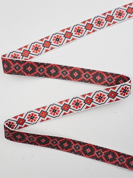 Жак.лента 24мм Темно-красный/черный орнамент-оберег на белом