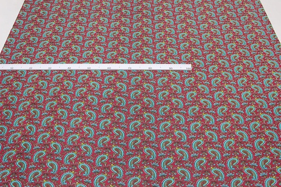 Бязь "Бирюзовые огурчики на винтажно-бордовом", ш.1.5м, хлопок-100%, 120гр/м.кв