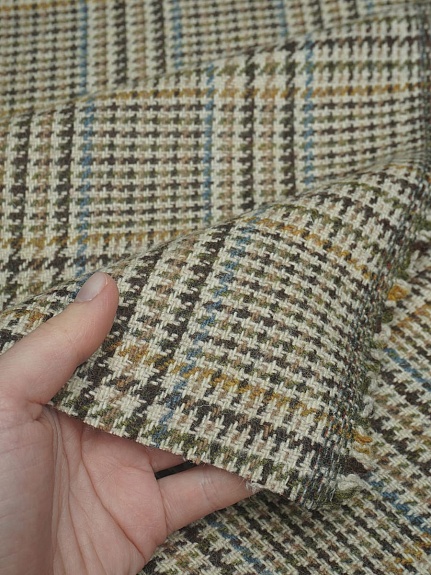 Шерсть пальтово-костюмная Твид "Гусиная лапка-клетка" цв.коричневый, ш.1.5м, шерсть-50%, п/э-50%