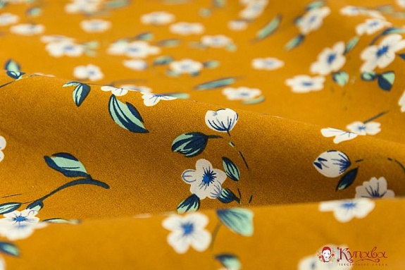 Импорт. хлопок "Белые цветы на темно-горчичном", ш.1.45м, хлопок-100%, 115гр/м.кв