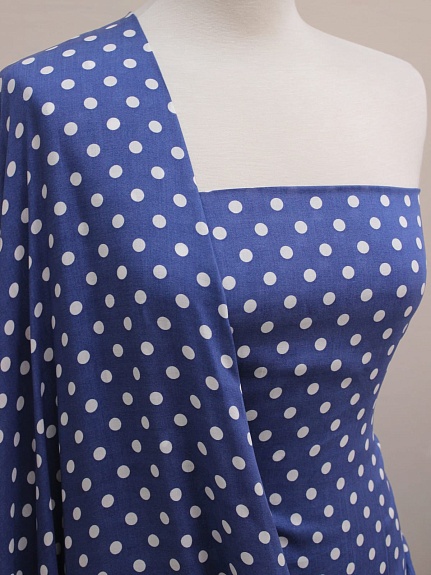 Штапель "Белый горох (9мм)" цв.винтажно-синий, СОРТ2, ш.1.42м, вискоза-100%, 90гр/м.кв