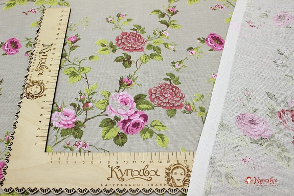 Полулен "Роза прованс на сером", ш.1.5м, лен-30%, хлопок-70%, 135гр/м.кв