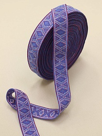 Лента тканая для поясов, 28мм Бело-красный орнамент на васильковом