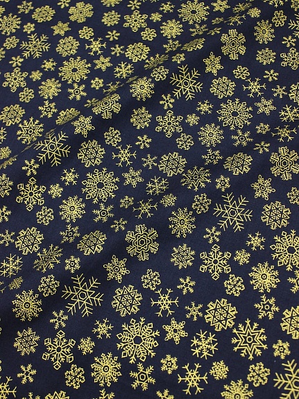 Сатин "Золотые снежинки на чернильно-синем", ш.1.6м, хлопок-100%, 120гр/м.кв