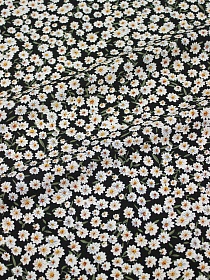 Штапель "Цветочная россыпь на черном" (оливковые листочки), ш.1.45м, вискоза-100%, 100гр/м.кв