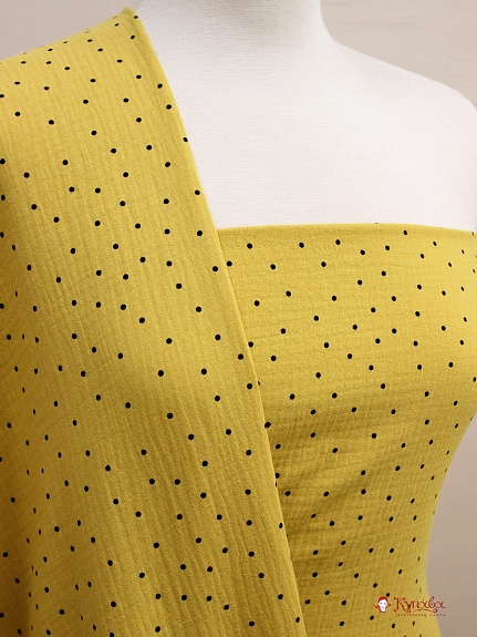 Муслин двухслойный с эф.жатости "Россыпь черного гороха на винтажно-горчичном", ш.1.42м, хлопок-100%